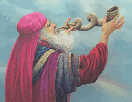 Hebrew priest blowing the Shofar horn